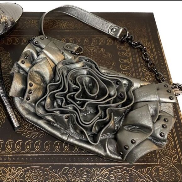 Metallic Silver Ruffled Shoulder Bag - Picture 1 of 10